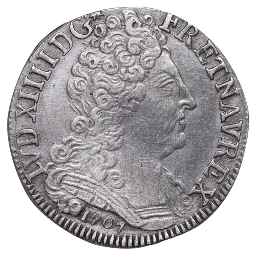 541 - France, King Louis XIV (1643-1715), 20 Sols Aux Insignes, 1707 year, Silver, 6,118 gr, Gad#164