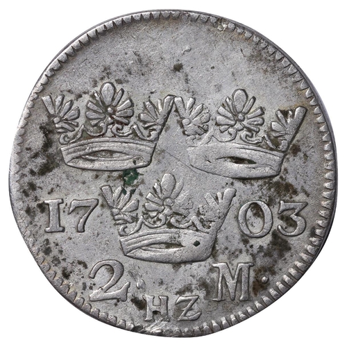 551 - Sweden, King Charles XII (1697-1718), 2 mark, 1703 year, Silver, 10,4 gr, KM#314