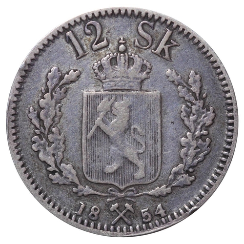 554 - Norway, King Oscar I (1844-1859), 12 skilling, 1854 year, Silver, 2,89 gr, KM#314.2