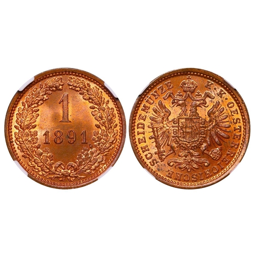 569 - Austrian Empire, Emperor Francis Joseph I (1848-1916), 1 kreuzer, 1891 year, Copper, 3,3 gr, KM#2187... 