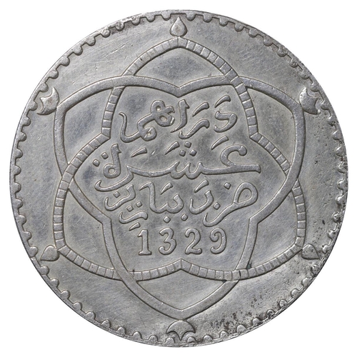 587 - Morocco, Sultan Abd al-Hafid (1908-1912), 10 dirhams, 1329 (1911) year, Silver, 25 gr, Y#25