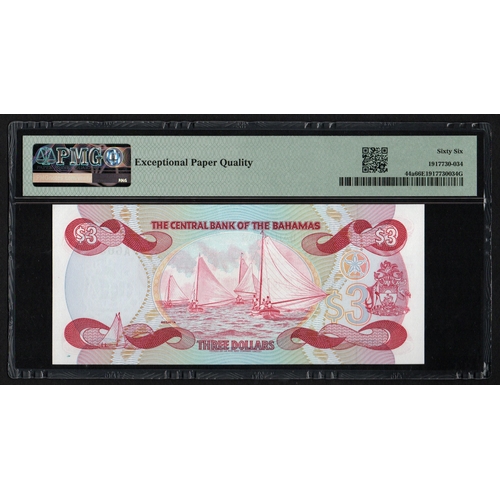 609 - Bahamas, Central Bank Pick# 44a 1974 (ND 1984) 3 Dollars - Printer: TDLR S/N A663621 - Wmk: Sailing ... 