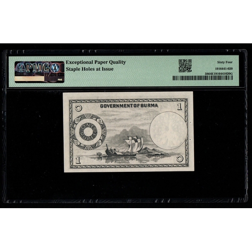 639 - Burma, Union Bank Pick# 38 ND (1953) 1 Rupee - Printer: TDLR S/N 6B465873 - Wmk: Peacock
64 Choice U... 