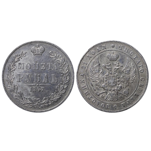 66 - Russian Empire, Emperor Nicholas I (1825-1855), 1 Rouble, 1847 year, Silver, 20,73 gr, C#168.2, bitk... 