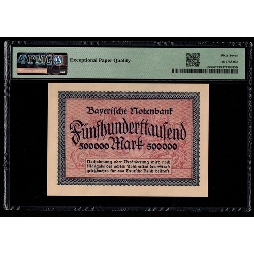 841 - German States, Bayerische Notenbank Pick# S930 1923 500,000 Mark S/N 122158 67 Superb Gem Unc