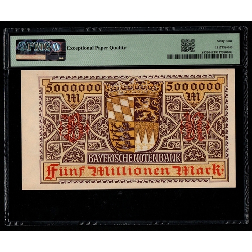 842 - German States, Bayerische Notenbank Pick# S932 1923 5 Millionen Mark S/N 138116 64 Choice Uncirculat... 