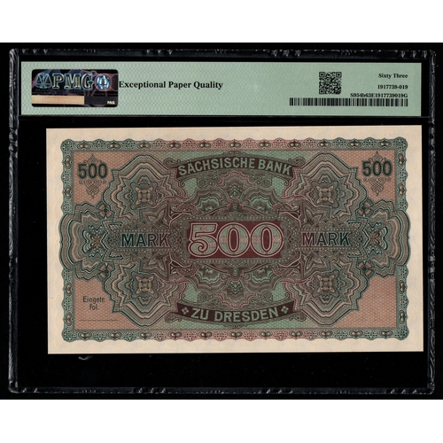 844 - German States, Sächsische Bank
Pick# S954b 1922 500 Mark - Printer: G&D
S/N 11 519580 - Without Sign... 