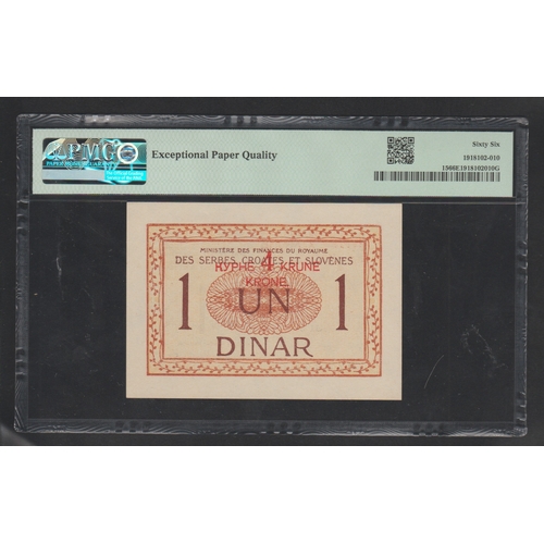 1319 - Yugoslavia, Ministry of Finance
Pick# 15 ND (1919) 4 Kronen on 1 Dinar
S/N 31J 029241 - Ovpt. on Yug... 