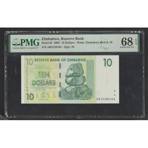 1322 - Zimbabwe, Reserve Bank Pick# 67 2007 10 Dollars - Wmk: Zimbabwe Bird & 10 S/N AB4120164 - Sign. #8 6... 