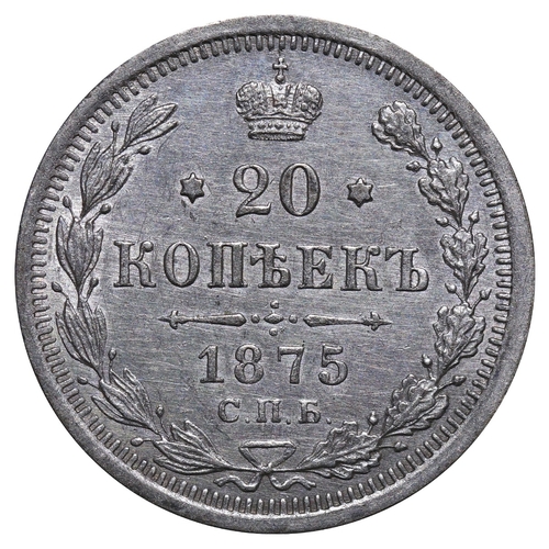 169 - Russian Empire, Emperor Alexander II (1855-1881), 20 kopecks, 1875 year, Silver, 3,6 gr, Y#22a.1, bi... 