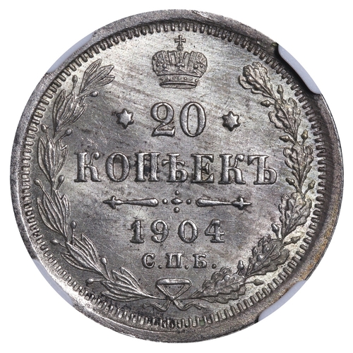 170 - Russian Empire, Emperor Nicholas II (1894-1917), 20 kopecks, 1904 year, 3,6 gr, Y#22a.1, bitkin 107,... 