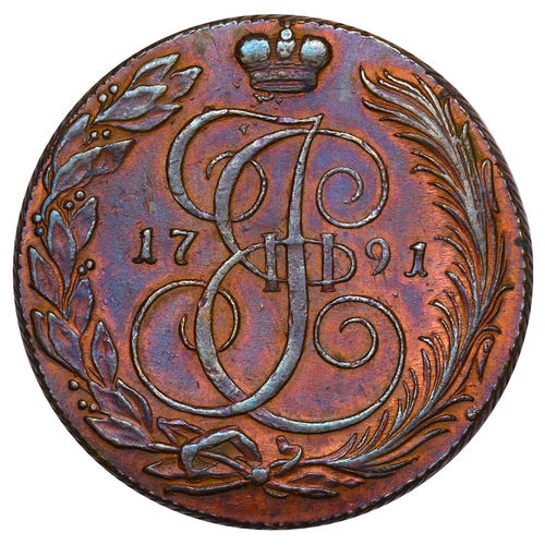 205 - Russian Empire, Empress Catherine II (1762-1796), 5 kopecks, 1791 year, Copper, 51.2 gr, C#59.5, bit... 