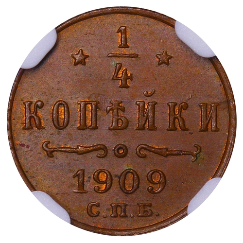 304 - Russian Empire, Emperor Nicholas II (1894-1917), 1/4 kopeck, 1909 year, Copper, 0.82 gr, Y#â¯47.1, ... 