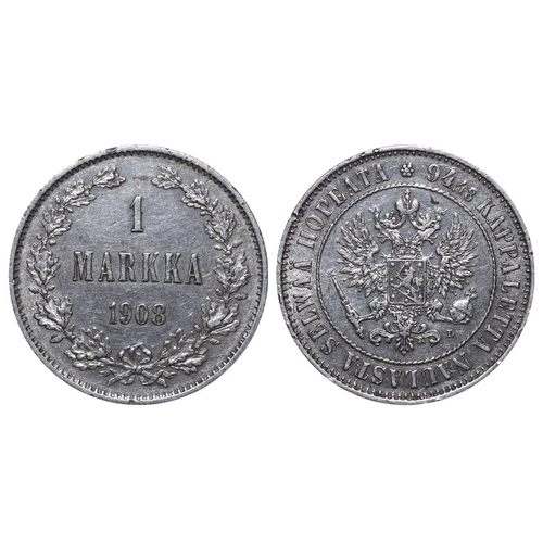 320 - Russian Empire, Finland, Emperor Nicholas II (1894-1917), 1 markka, 1908 year, Silver, 5,18 gr, KM#3... 