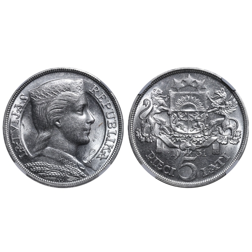 411 - Latvia, President Alberts Kviesis (1930-1936), 5 lati, 1931 year, Silver, 25 gr, KM#9, In MS 62: 244... 