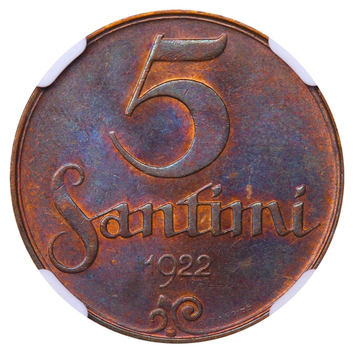 423 - Latvia, President Janis Chakste (1922-1927), 5 santimi, 1922 year, Bronze, 3 gr, KM#3, In MS 63 BN: ... 