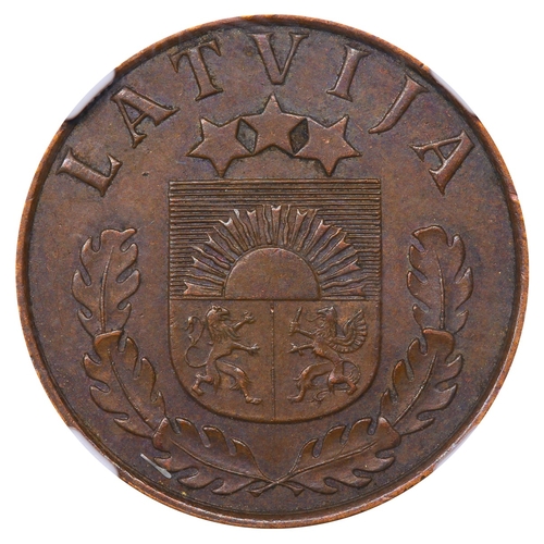 424 - Latvia, President Karlis Ulmanis (1936-1940), 2 santimi, 1937 year, Bronze, 2 gr, KM#11, In MS 62 BN... 