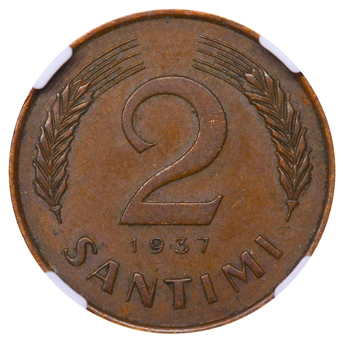 424 - Latvia, President Karlis Ulmanis (1936-1940), 2 santimi, 1937 year, Bronze, 2 gr, KM#11, In MS 62 BN... 