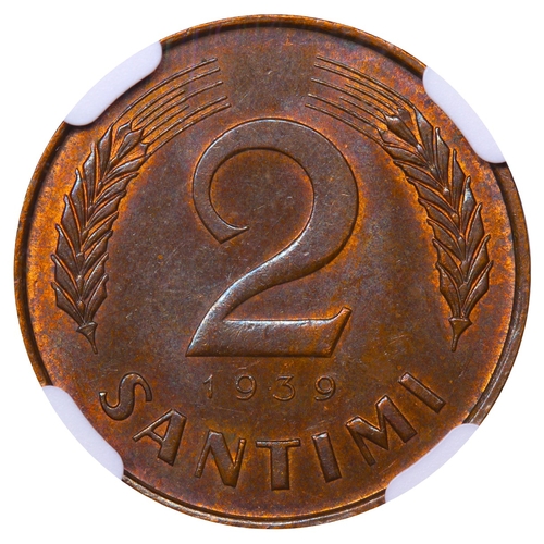 425 - Latvia, President Karlis Ulmanis (1936-1940), 2 santimi, 1939 year, Bronze, 2 gr, KM#11, In MS 63 BN... 