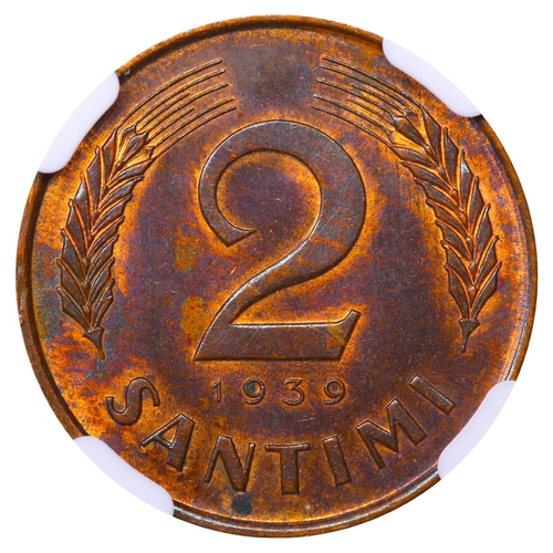 426 - Latvia, President Karlis Ulmanis (1936-1940), 2 santimi, 1939 year, Bronze, 2 gr, KM#11, In MS 63 RB... 