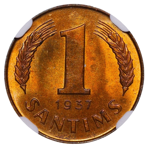 429 - Latvia, President Karlis Ulmanis (1936-1940), 1 santims, 1937 year, Bronze, 1,8 gr, KM#10, In MS 63 ... 