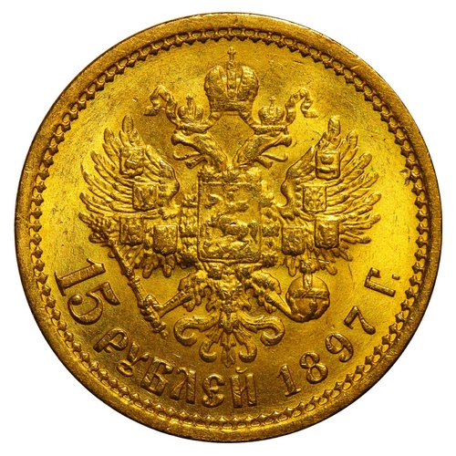 46 - Russian Empire, Emperor Nicholas II (1894-1917), 15 roubles, 1897 year, Gold, 12,9 gr, Y#65.1, bitki... 