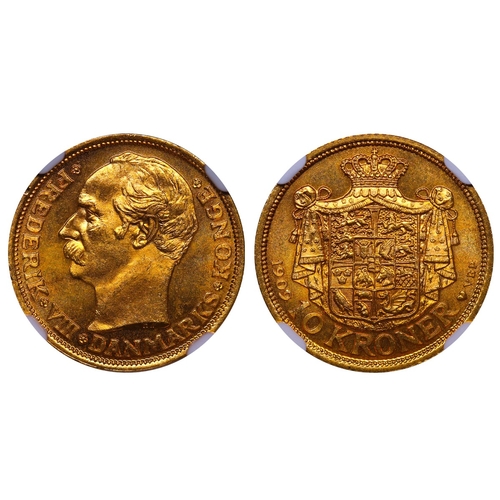 523 - Denmark, King Frederick VIII (1906-1912), 10 kroner, 1909 year, Gold, 4,4803 gr, KM#809, In MS 66: 1... 