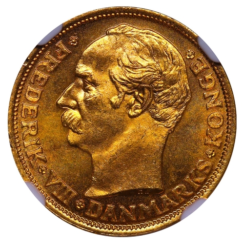 523 - Denmark, King Frederick VIII (1906-1912), 10 kroner, 1909 year, Gold, 4,4803 gr, KM#809, In MS 66: 1... 