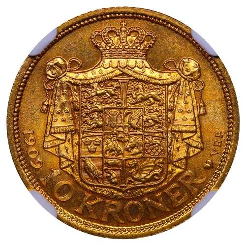 523 - Denmark, King Frederick VIII (1906-1912), 10 kroner, 1909 year, Gold, 4,4803 gr, KM#809, In MS 66: 1... 