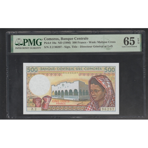 716 - Comoros, Central Bank Pick# 10a ND (1986) 500 Francs - Wmk: Maltese Cross S/N Z.2 96297 - Sign. Titl... 