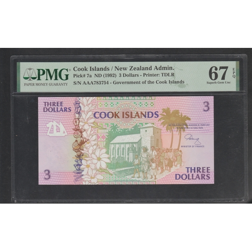 719 - Cook Islands/New Zealand Admin. Pick# 7a ND (1992) 3 Dollars - Printer TDLR S/N AAA783754 - Governme... 