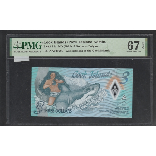 720 - Cook Islands/New Zealand Admin. Pick# 11a ND (2021) 3 Dollars - Polymer S/N AA039289 - Government of... 