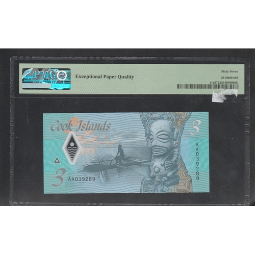 720 - Cook Islands/New Zealand Admin. Pick# 11a ND (2021) 3 Dollars - Polymer S/N AA039289 - Government of... 