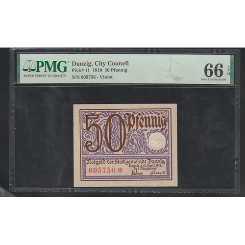 779 - Danzig, City Council Pick# 11 1919 50 Pfennig S/N 605756 - Violet 66 Gem Uncirculated