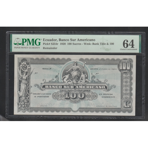 793 - Ecuador, Banco Sur Americano Pick# S254r 1920 100 Sucres - Wmk: Bank Title & 100 Remainder 64 Choice... 