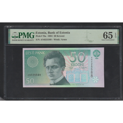 800 - Estonia, Bank of Estonia
Pick# 78a 1994 50 Krooni
S/N AN025588 - Wmk: Arms
65 Gem Uncirculated