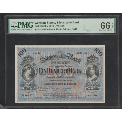 876 - German States, Saxon Bank
Pick# S952b 1911 100 Mark
S/N 8 369470 Block 1848 - Printer: G&D
66 Gem Un... 