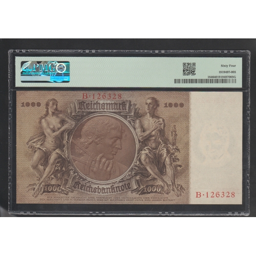 880 - Germany, Reichsbanknote
Pick# 184 1936 1000 Reichsmark
S/N B126328 - Wmk: K.F. Schinkel
64 Choice Un... 