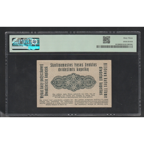 890 - Germany / Occupation of Lithuania WWI
Pick# R120 CM#P1
1916 20 Kopeken State Loan Bank
63 Choice Unc... 