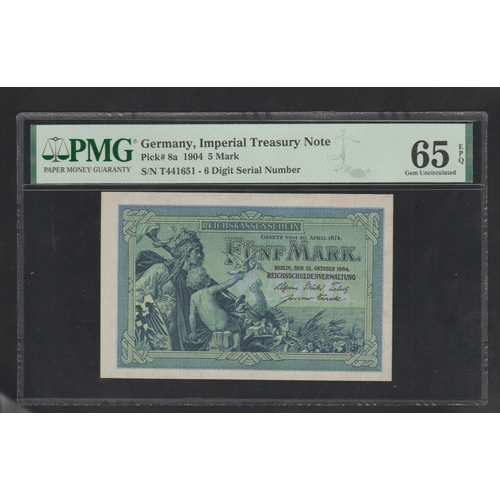 901 - Germany, Imperial Treasury Note
Pick# 8a 1904 5 Mark S/N T441651-6 Digit Serial Number
65 Gem Uncirc... 