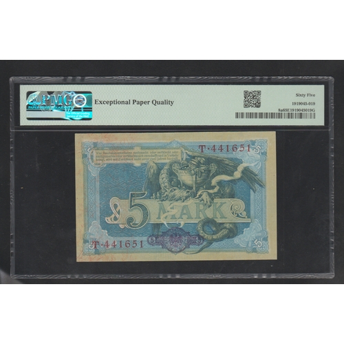 901 - Germany, Imperial Treasury Note
Pick# 8a 1904 5 Mark S/N T441651-6 Digit Serial Number
65 Gem Uncirc... 