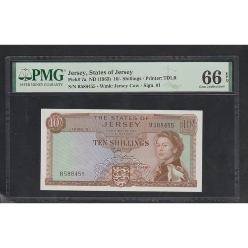 968 - Jersey, States of Jersey
Pick# 7a ND (1963) 10/- Shillings - Printer: TDLR S/N B588455-Wmk: Jersey C... 