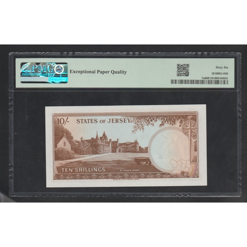 968 - Jersey, States of Jersey
Pick# 7a ND (1963) 10/- Shillings - Printer: TDLR S/N B588455-Wmk: Jersey C... 