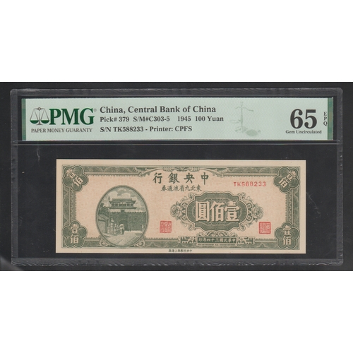 670 - China, Central Bank of China 
Pick# 379 S/M#C303-5 1945 100 Yuan 
S/N TK588233 - Printer: CPFS 
65 G... 