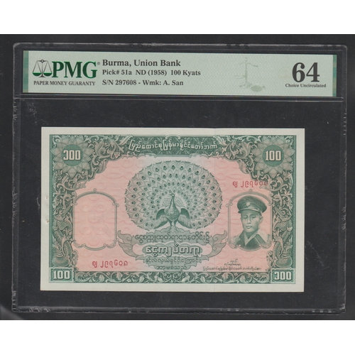 622 - Burma, Union Bank
Pick# 51a ND (1958) 100 Kyats
S/N 297608-Wmk: A. San
64
Choice Uncirculated