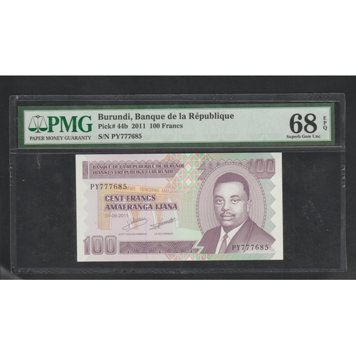 623 - Burundi, Banque de la Republique Pick# 44b 2011 100 Francs S/N PY777685 68 Superb Gem Unc