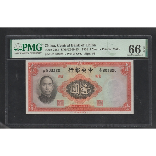 641 - China, Central Bank of China 
Pick# 216a S/M#C300-95 1936 1 Yuan Printer: W&S 
S/N I/P 803320-Wmk: S... 