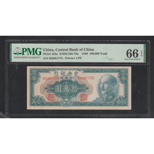 665 - China, Central Bank of China 
Pick# 422a S/M#C302-70a 1949 100,000 Yuan 
S/N BH091775-Printer: CPF 
... 