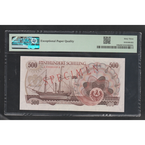 550 - Austria, National Bank Pick# 139s 1965 (ND 1966) 500/- Schilling - Printer: DW
S/N A000000A 000387-W... 