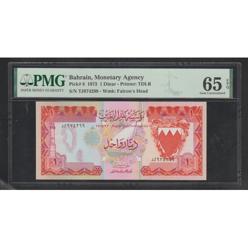 558 - Bahrain, Monetary Agency Pick# 8 1973 1 Dinar - Printer: DLR S/n TJ974299 - Wmk: Falcon's Head 65 Ge... 